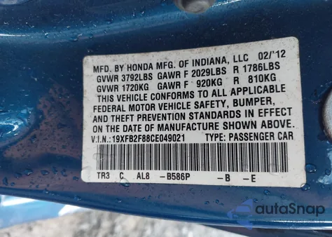 2012 Honda Civic Ex from USA, damaged, VIN 19XFB2F88CE049021